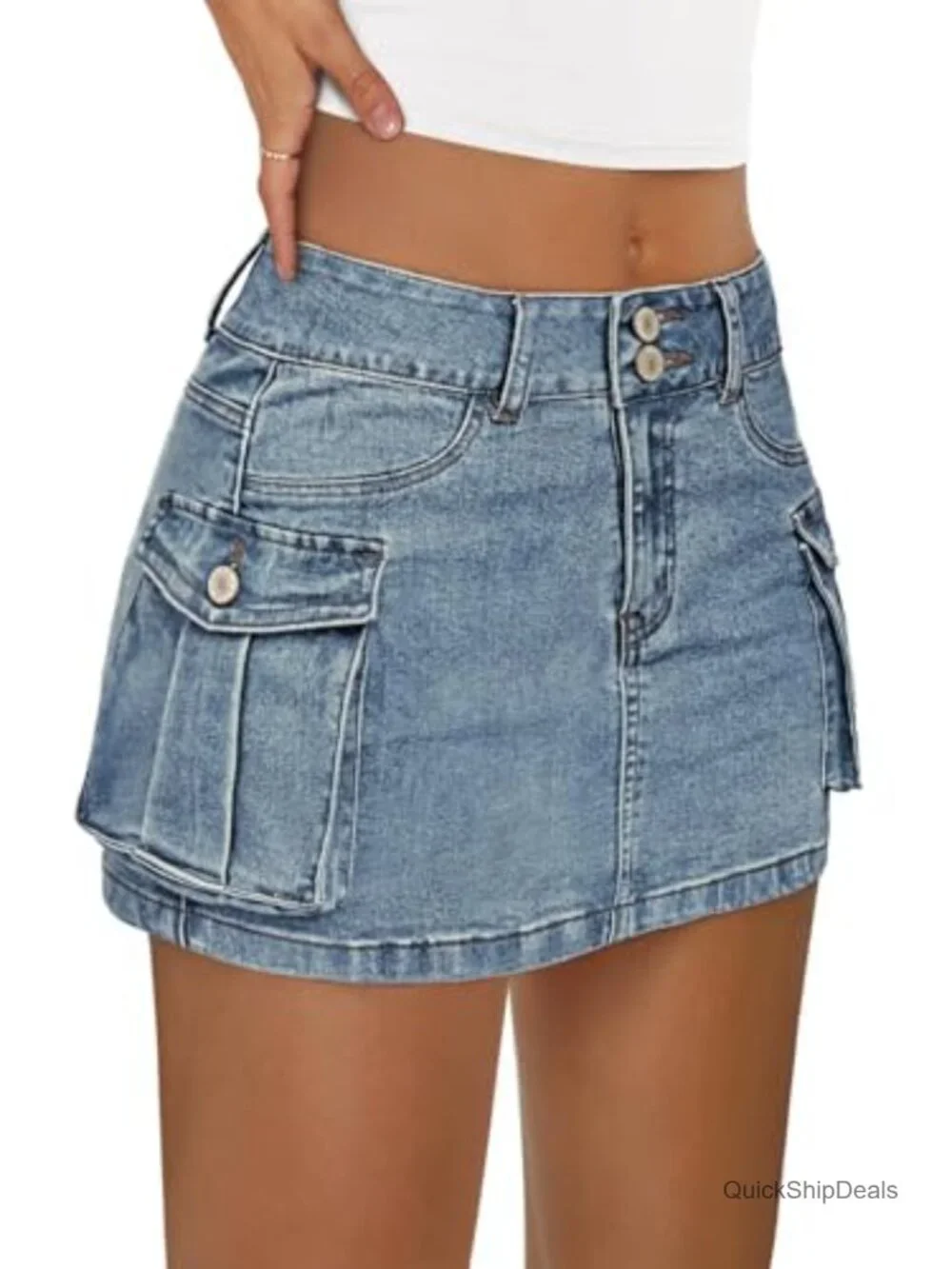 Women's Cargo Mini Denim Skirt with Pockets Y2K Low Rise Summer Cotton Stretch